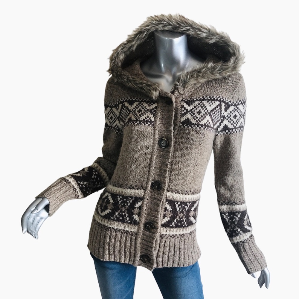 St. John Bay M Alpaca Blend Knit Cardigan Sweater Faux Fur Hoodie Button Down